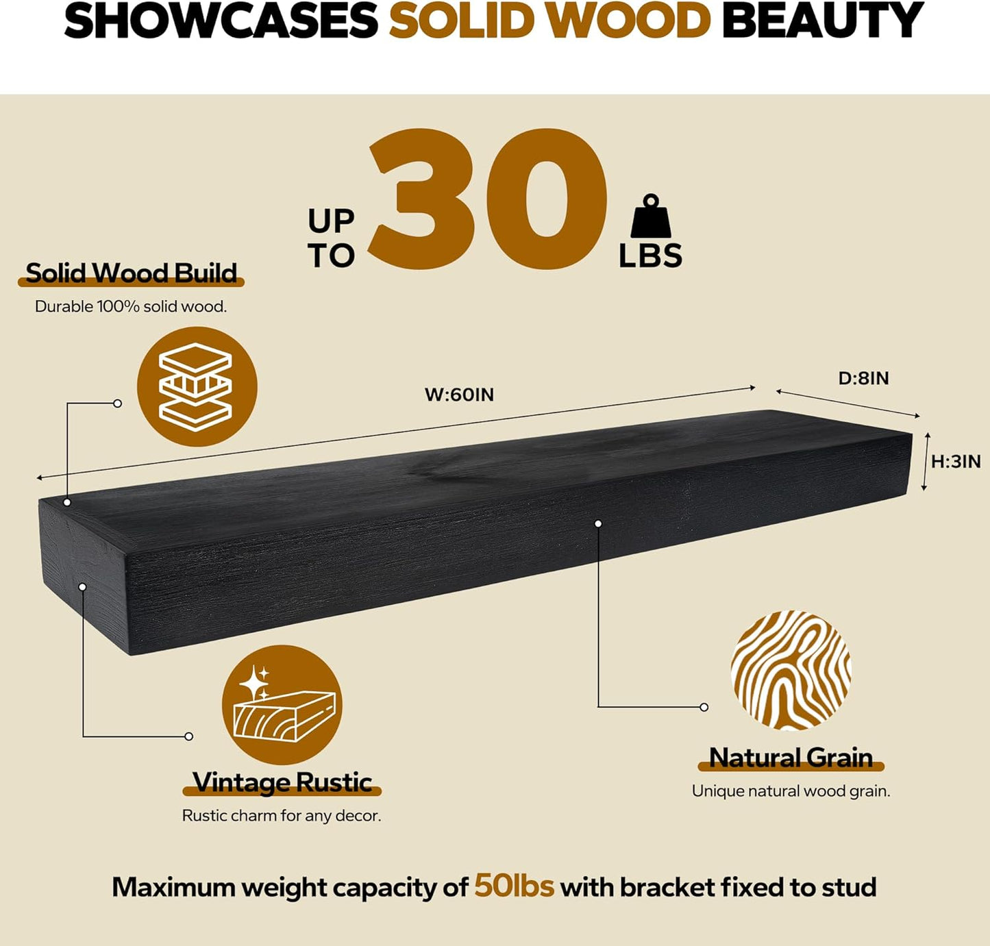 Floating Shelves 3 inch Thick for Wall Set of 2,Solid Pine Wood Wall Mount Shelf for Kitchen Living Room Bedroom Bathroom,8" D x 60" L x 3" H-Black