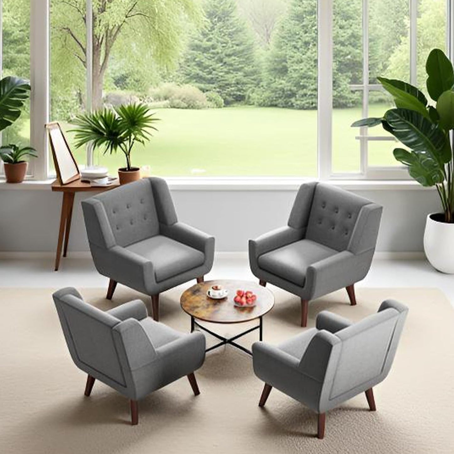 HUIMO Accent Chairs Set of 4, Upholstered Button Tufted Armchair, Linen Fabric Sofa Chairs for Bedroom, Living Room, Mid Century Modern Comfy Reading Chair (4, Light Grey)