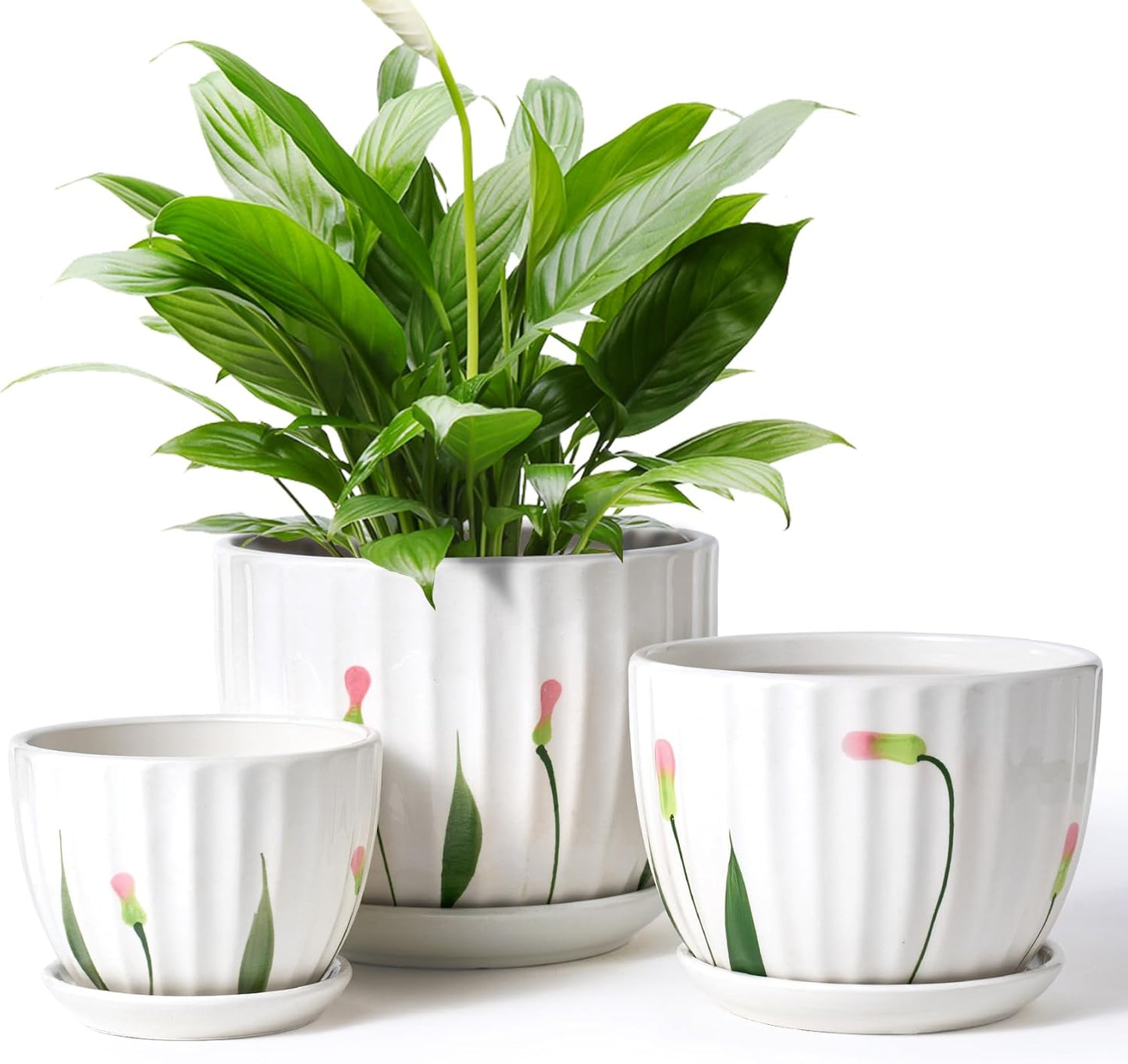4/5/6 Inches Ceramic Plant Pots with Drainage Holes and Saucers, Round Flower Pots for Indoor Plant, Small Flower Planters Set of 3 (White Floral-Big Size)