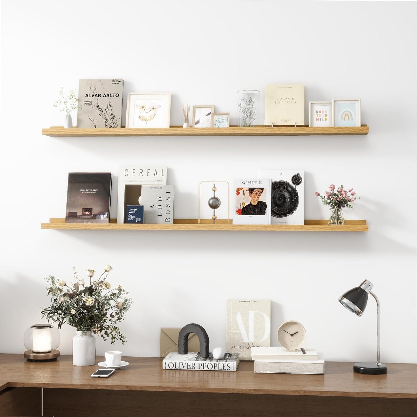 Picture Ledge Shelf, Wood Long Floating Shelves for Wall, Set of 2, 56 inch Picture Ledge Shelves, Photo Ledge Nursery Book Shelves Wall Mounted for Living Room Kids' Room Bedroom, Color Oak