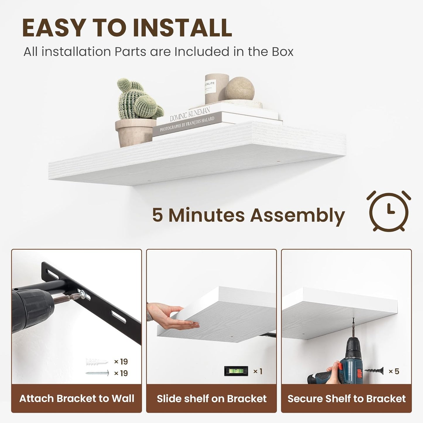 24 Inch Floating Shelves, 11.6 Inch Deep Floating Shelves for Wall, Floating Shelf with Invisible Brackets, Deep Shelves for Bathroom, Bedroom, Living Room, 2 Pack, White