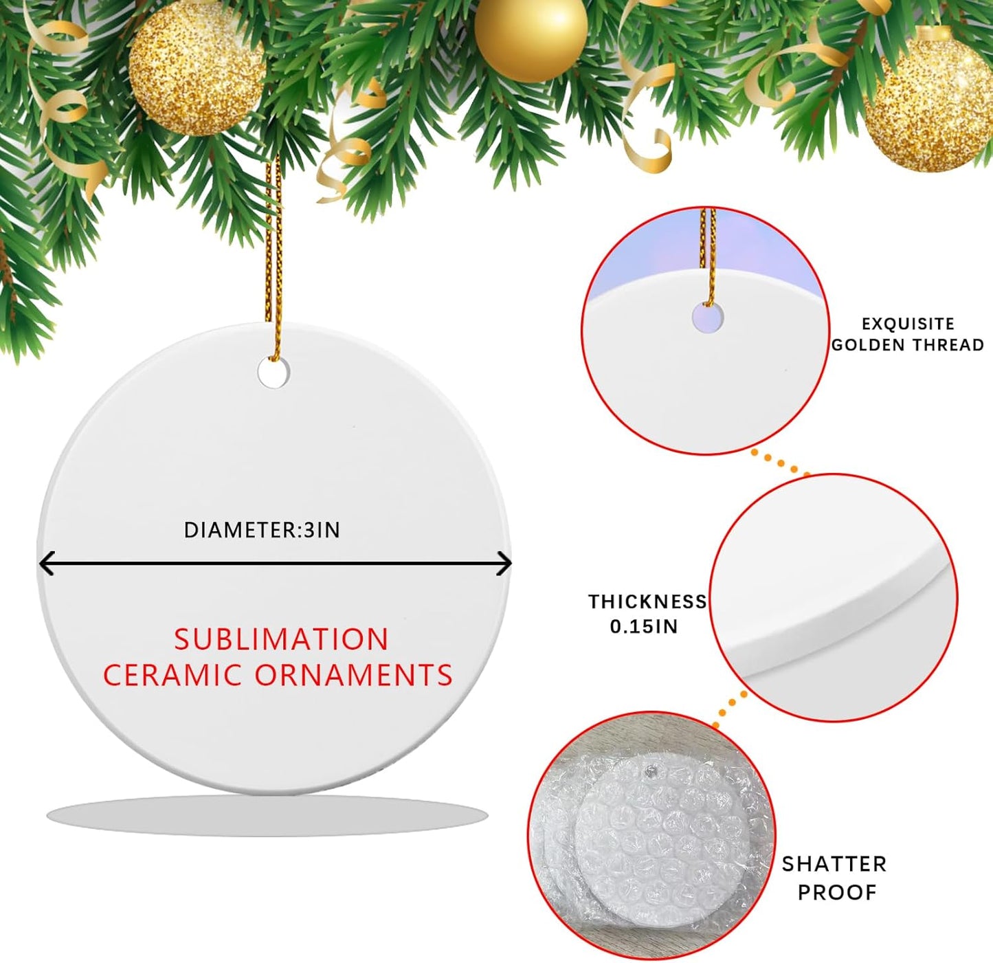 50 PCS Ceramic Sublimation Ornament Blanks Bulk 3 Inch White Round Crafts DIY Personalized Printed Christmas Home Porcelain Paintable Decorate