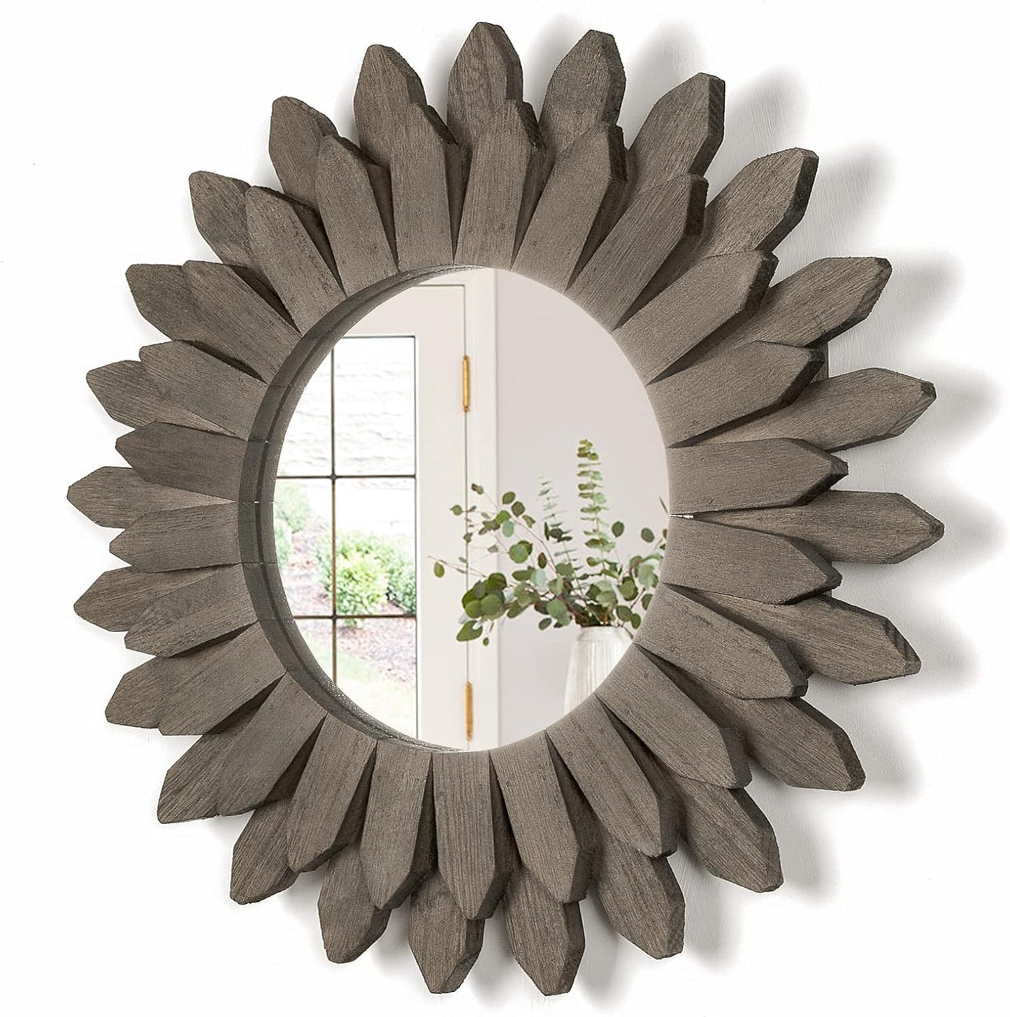 Honiway Farmhouse Wall Decor Mirror 12 inch Sunburst Boho Wood Mirror Rustic Home Decor Room Decoration for Bedroom Living Room Weathered Grey