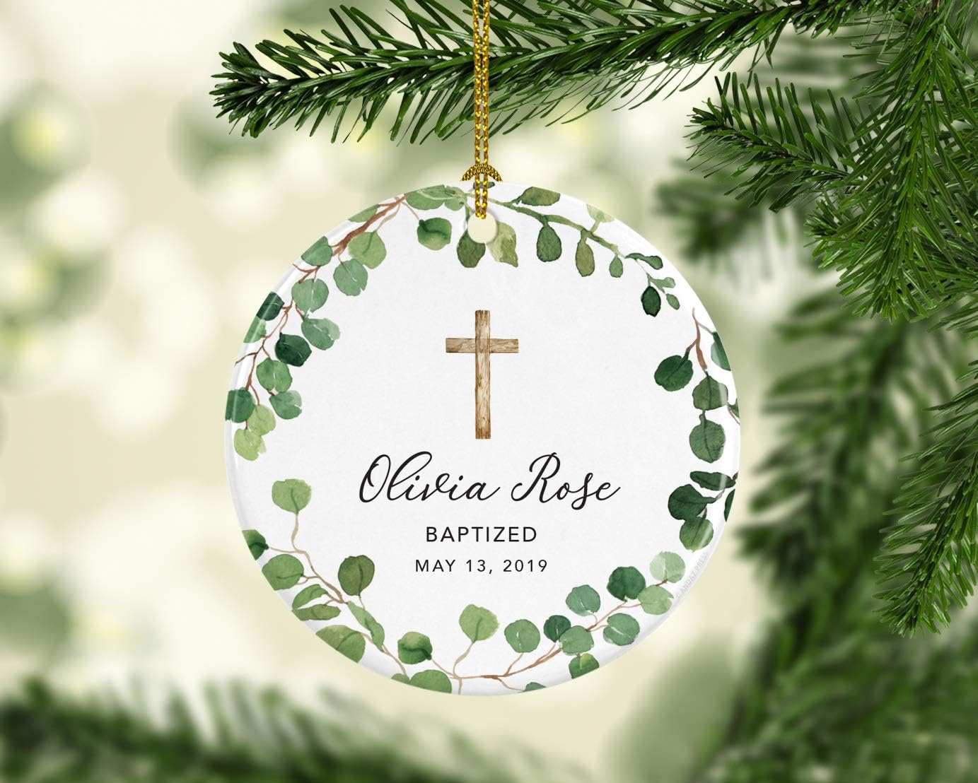 Andaz Press Personalized Baptism Ornament 2025, Round Ceramic Porcelain Baptism Christmas Ornament, Olivia Rose Carter Baptized May 1, 2025, Farmhouse Eucalyptus Wreath, 1-Pack Custom