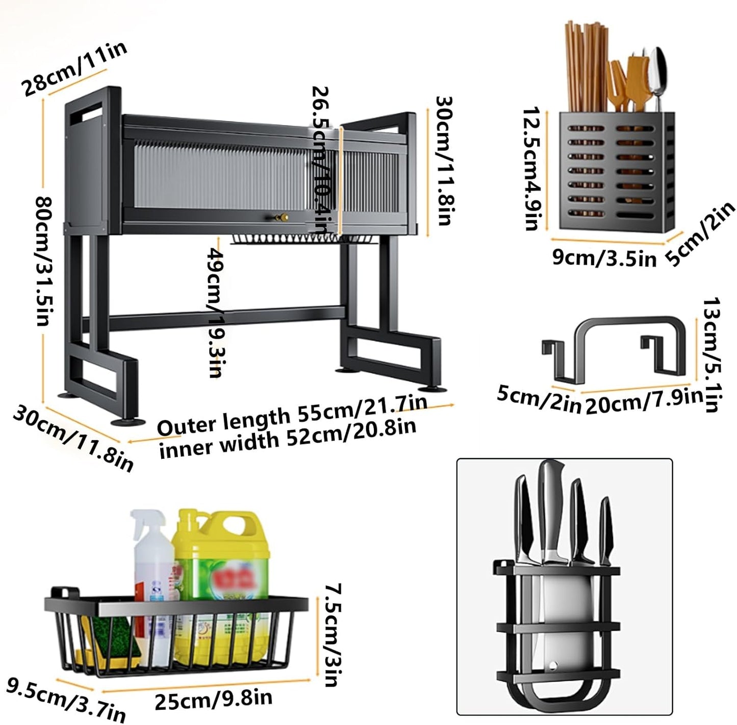 Home Furnishing Over The Sink Dish Drainer Drying Rack 3 Tier Over Sink Dish Rack for,oversink Dish Dry Rack,Space Saving Dish Drying Rack,Kitchen Sink Organizer countertop(Black,55cm/21.7in)