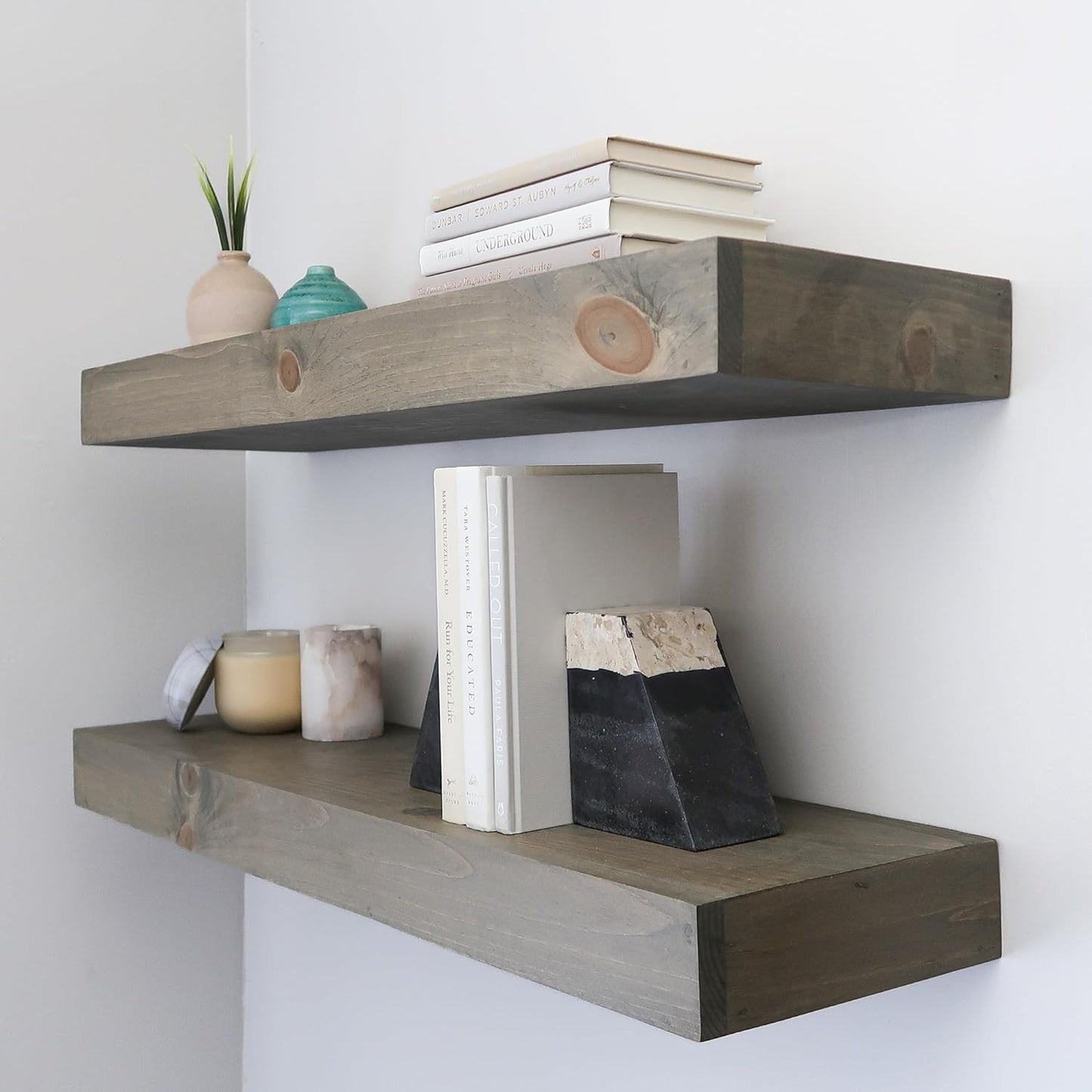 Modern Floating Shelves 3 Inches Thick for Wall, Wide Shelves for Kitchen, Living Room, Bedroom, and Bathroom, Natural Pine Wood, Rustic Wooden Shelf, (Set of 2) (Aged Barrel, 36Lx3Hx8D)