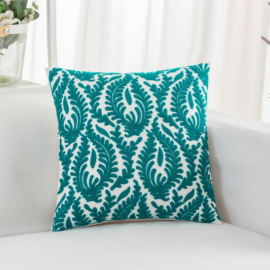 HWY 50 Teal Decorative Throw Pillow Covers 18x18 Inch (1 Piece), Embroidered Cotton Farmhouse Cushion Cover Pillow Case for Sofa Couch Living Room Bed Bedroon, Floral Branches