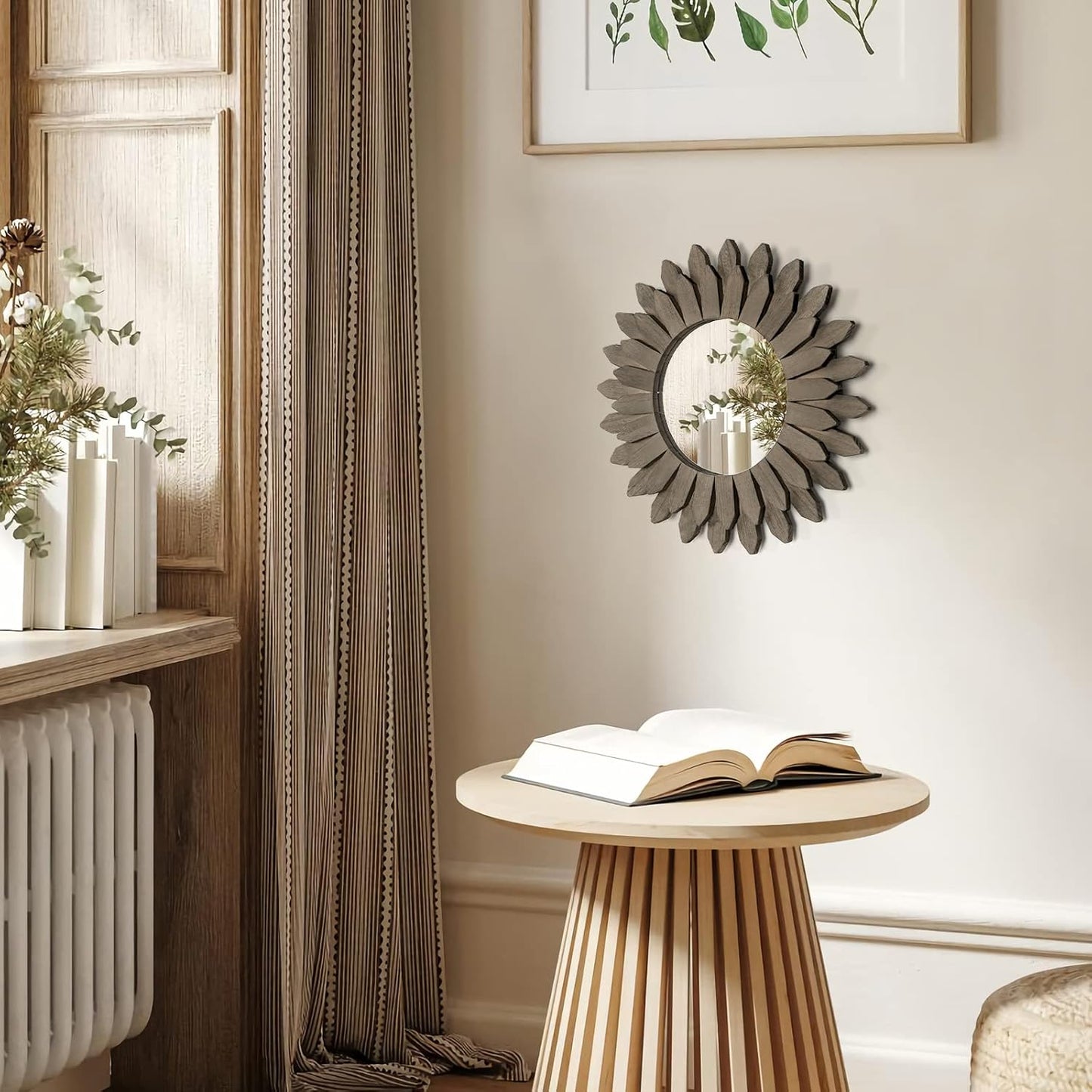 Honiway Farmhouse Wall Decor Mirror 12 inch Sunburst Boho Wood Mirror Rustic Home Decor Room Decoration for Bedroom Living Room Weathered Grey