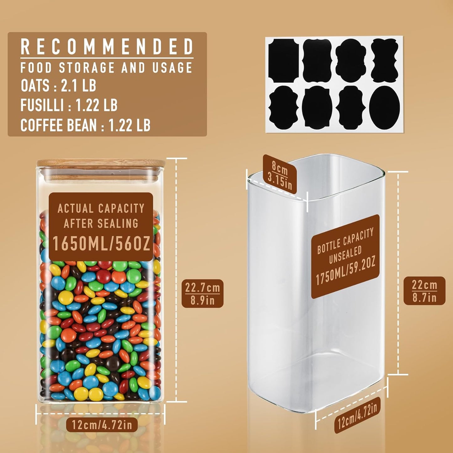 56oz Rectangle Airtight Glass Storage Containers with Bamboo Lids (Set of 4), Square Food Storage Jar, Pantry Organizers for Oats, Cereal, Pasta and Coffee beans (‎with Black Lable)