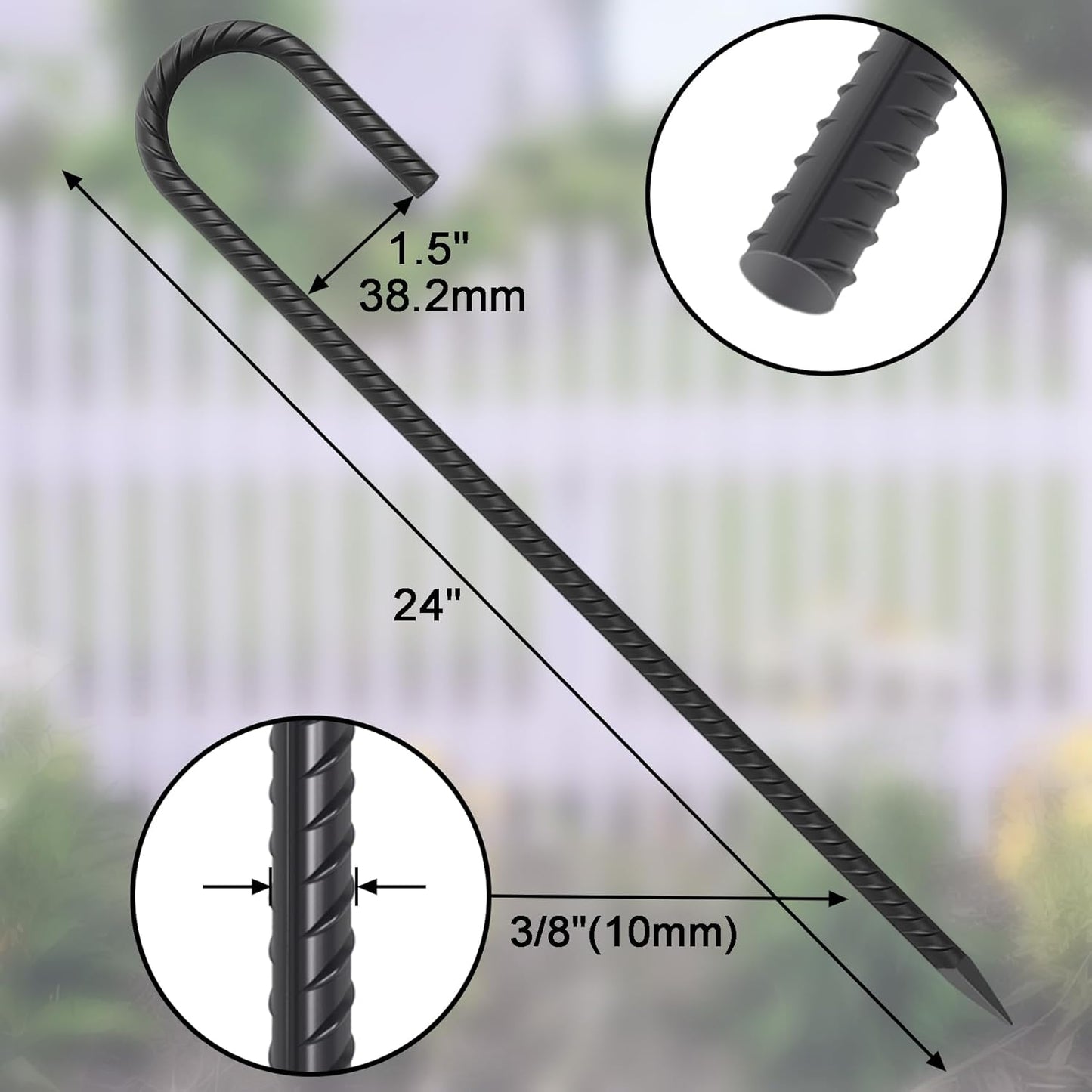 24 Inch Rebar Ground Stakes 3/8 Inch Tent Stakes Heavy Duty 12 Pack Steel Ground Anchors Chain Link Fence Stakes Trampoline Stakes with Chisel Point end for Swing Set and Camping Tent, Black