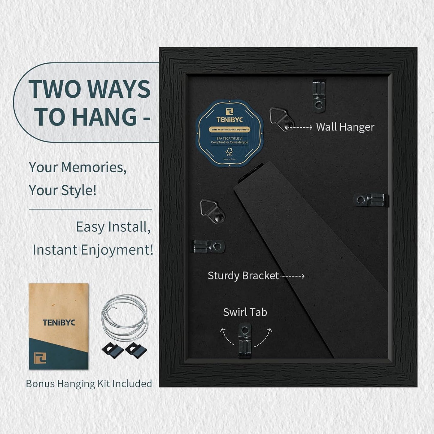 5x7 Picture Frame 3 Pack - Black Woodgrain, Solid Wood & HD Tempered Glass, Table Display or Wall Hanging