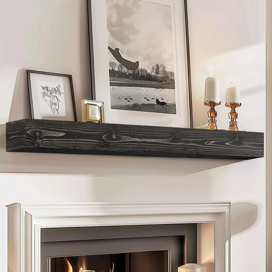 56x8x5 Fireplace Mantel - Handcrafted Hollow Rustic Solid Wood Wall Mounted Floating Shelf with Invisible Heavy Duty Wood Bracket (Weathered Black)
