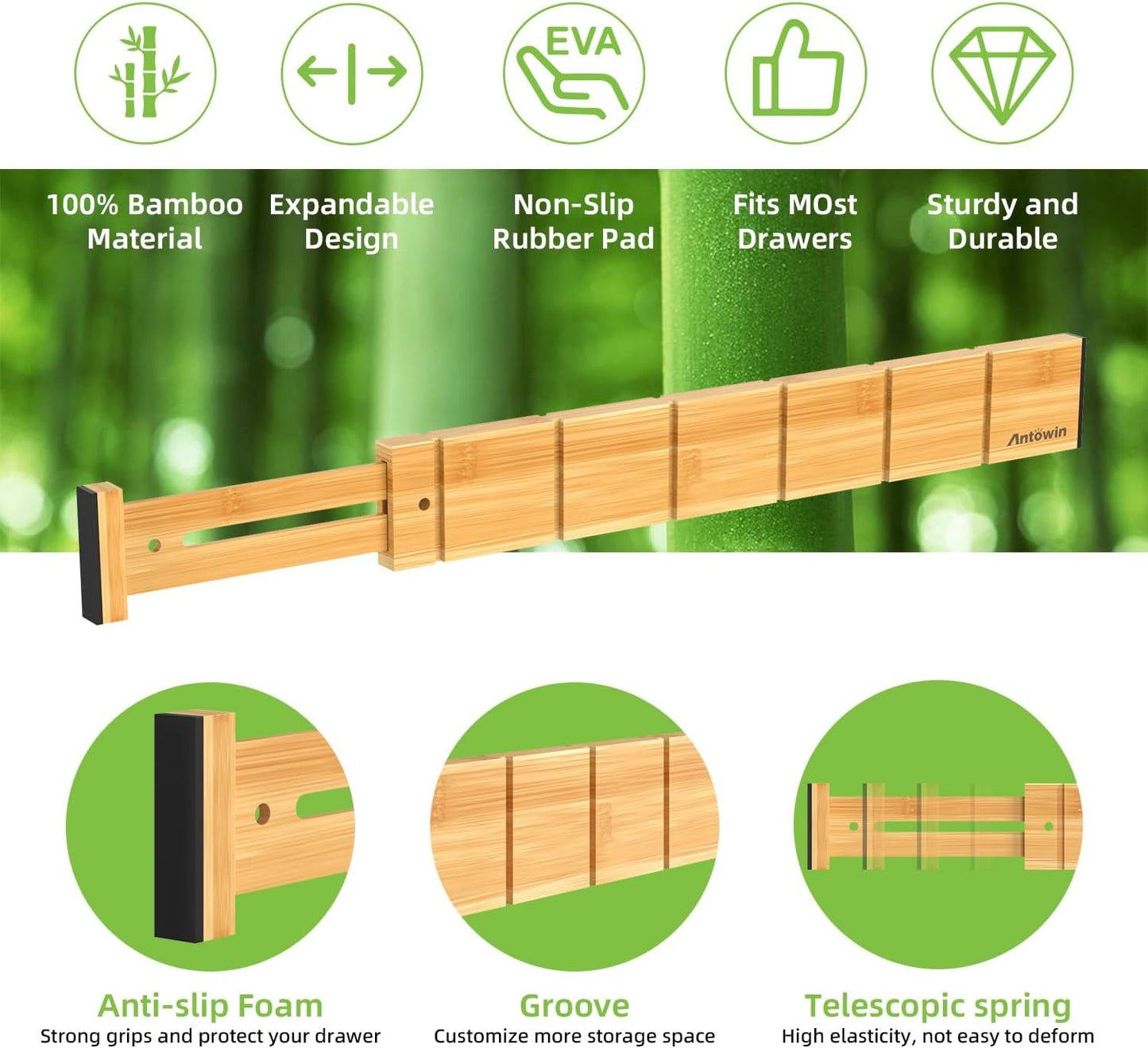 ANTOWIN 4 Pack Expandable Drawer Dividers, 2.2'' High, Extend from 17'' to 22'', Dresser Drawer Organizers, Bamboo Separators for Kitchen, Bedroom, Office, Bathroom, with 12 Pack Divider Inserts
