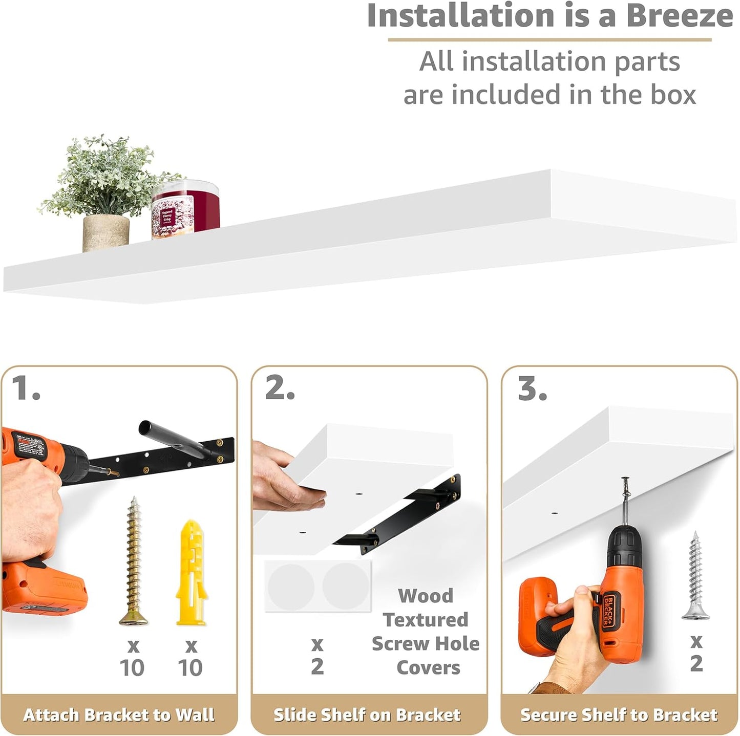 Sorbus Floating Shelves for Wall - 35 Inch Long Bathroom Shelves, Wall Decor for Bedroom, Kitchen, Living Room & Book Storage - Mounted Floating Shelf with Invisible Brackets (White, 2 Pack)