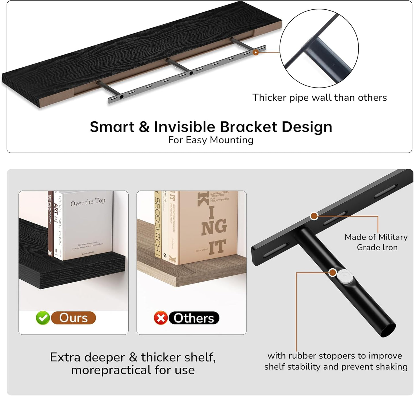 Fun Memories 55 Inch Floating Shelves - 9 Inch Deep Rustic Wooden Wall Shelves - Extra Deeper & Thicker Wall Mounted Storage Shelf for Living Room Kitchen Farmhouse - Rustic Black