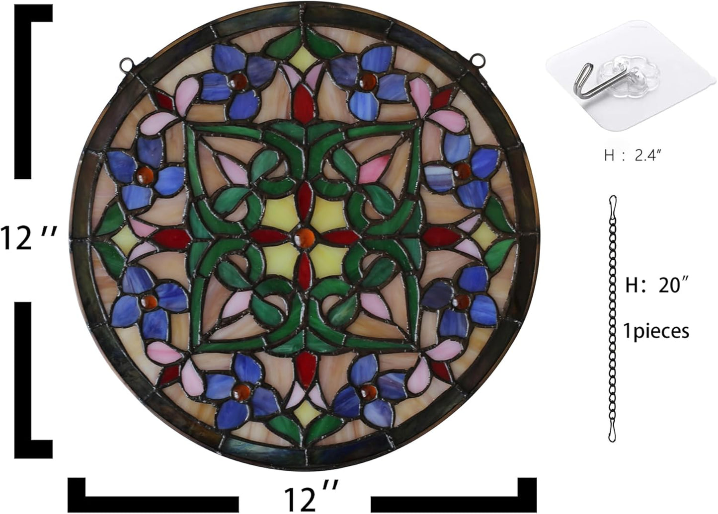 Handcrafted Stained Glass Window Panel - 12-Inch Round Floral Design with Vibrant Colors, Elegant Decorative Hanging Art for Home Décor, Includes 20-Inch Chain & Hook (Green Flower)