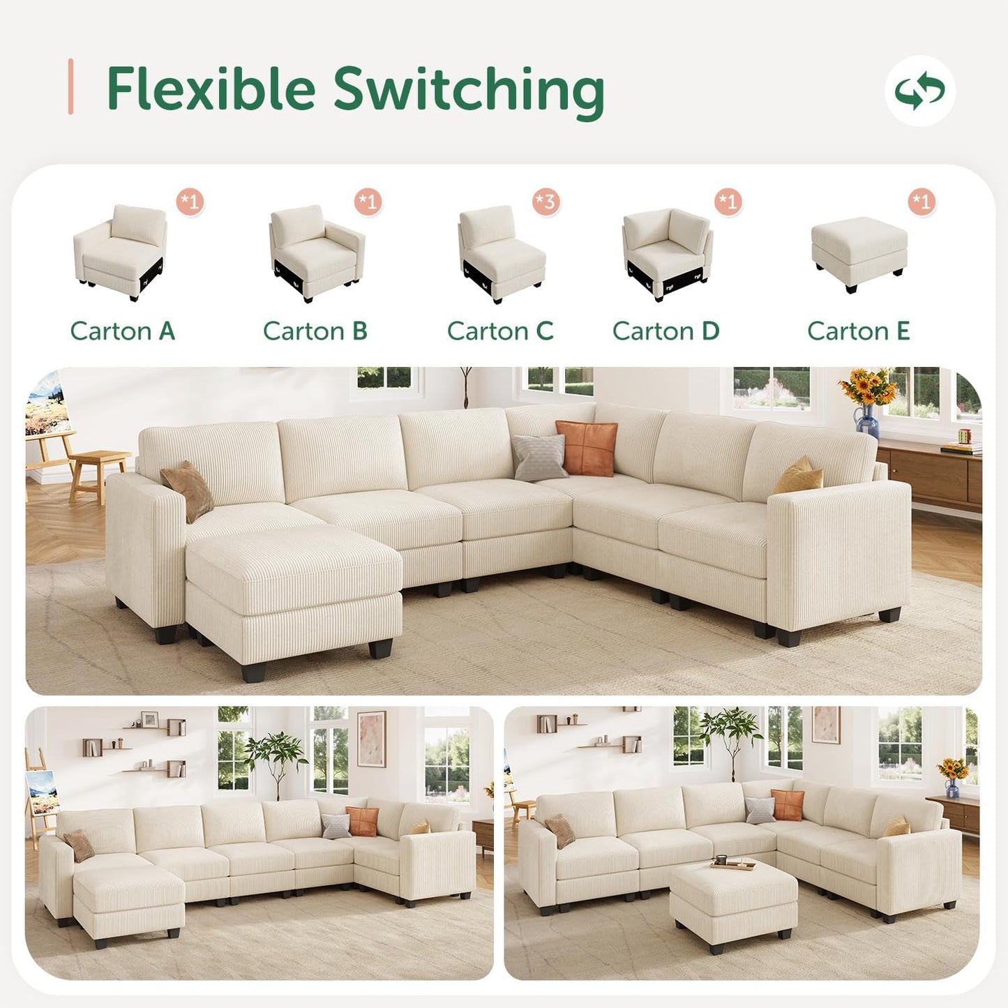 HONBAY Corduroy Sectional Sofa with Storage, U Shape Modular Sectional Sofa with Chaise, Modular Couches for Living Room, Beige