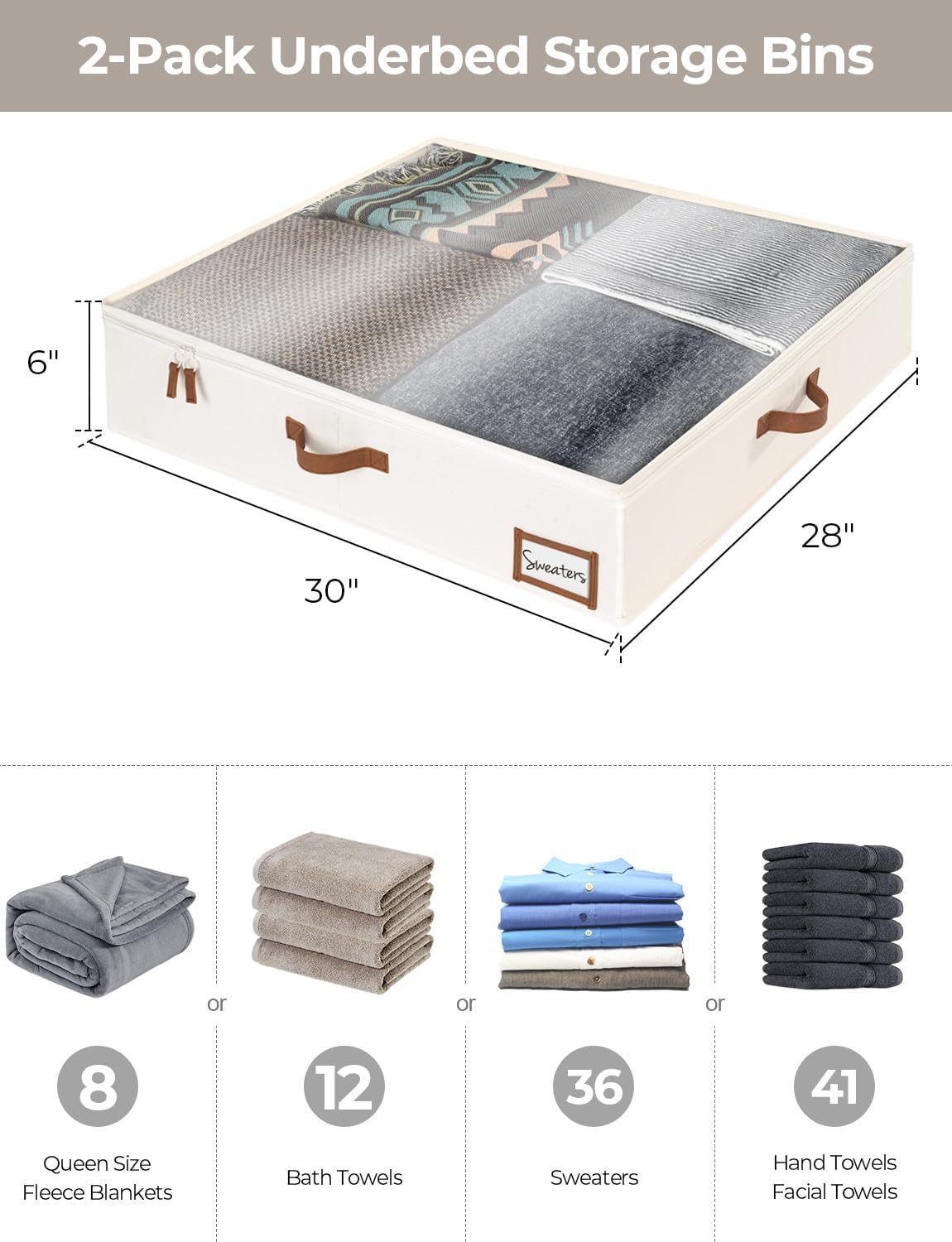 StorageWorks Underbed Storage Box, Under Bed Clothes Organizer With Sturdy Structure and Ultra Thick Fabric, Beige, 30" L x 28" W x 6" H, 2 pack