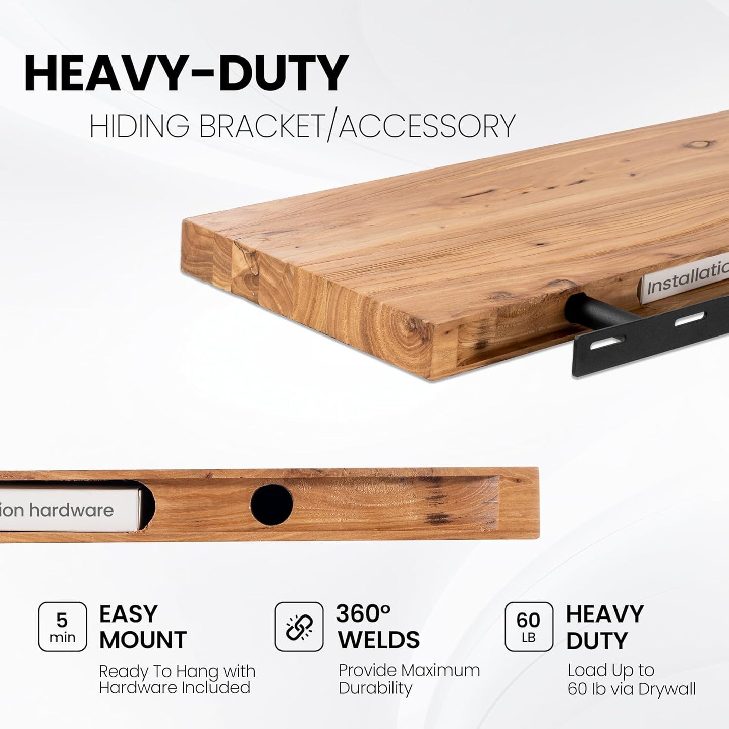 Floating Shelves for Wall, 24" Live Edge Solid Elm Wood Floating Shelf, Wall-Mounted Display Shelves with Invisible Heavy-Duty Metal Bracket, Floating Shelf for Kitchen (Natural, Set of 2)