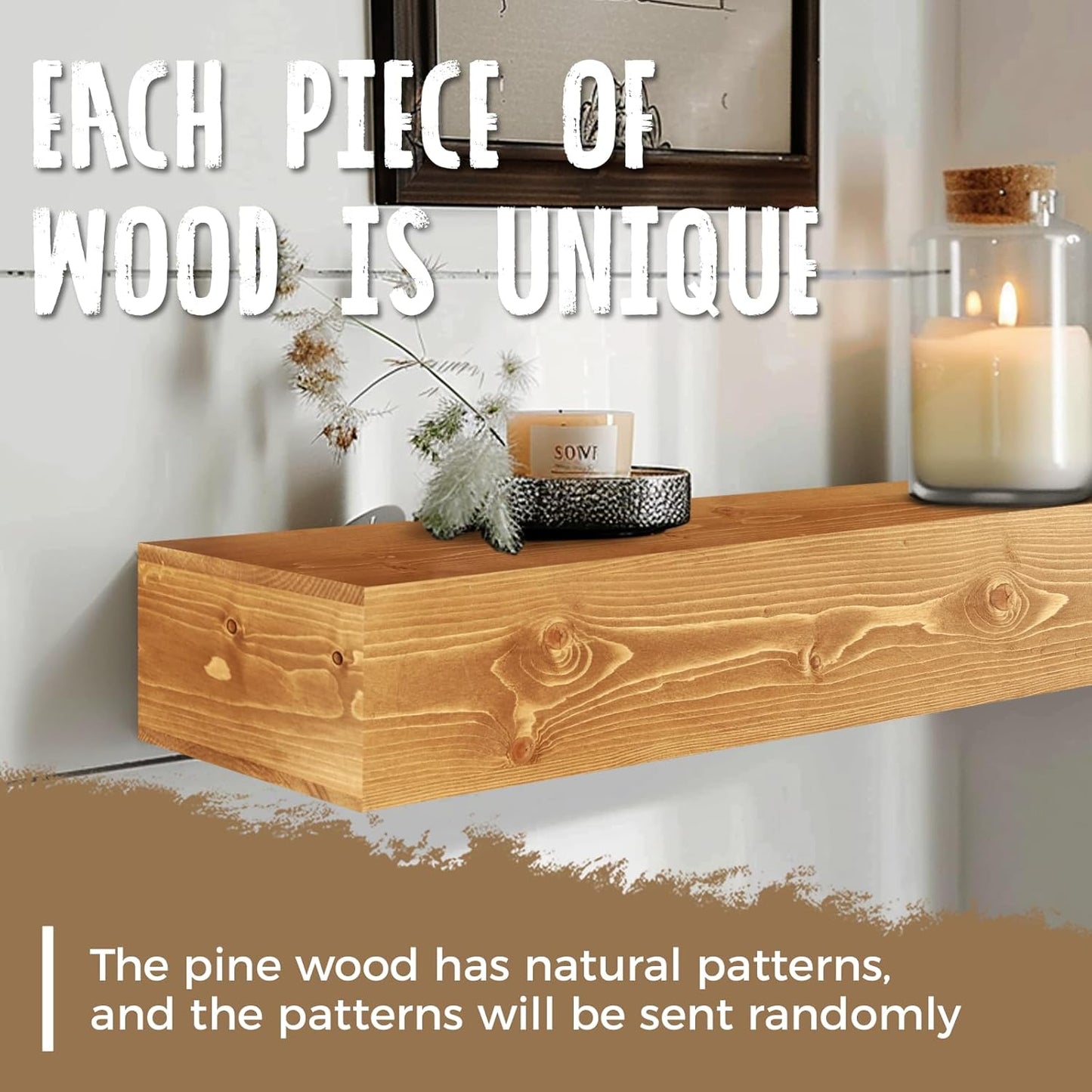 48x8x5 Fireplace Mantel - Handcrafted Rustic Solid Wood Wall Mounted Floating Shelf with Invisible Heavy Duty Wood Bracket (Natural)