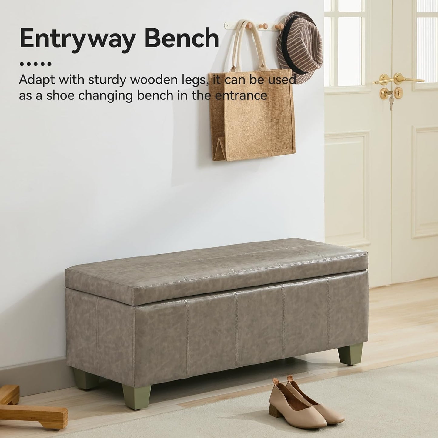 41" Faux Leather Storage Ottoman, Stitch Tufted Rectangle Upholstered End of Bed Storage Bench, Entryway Large Couch Ottoman with Wooden Legs,Grey