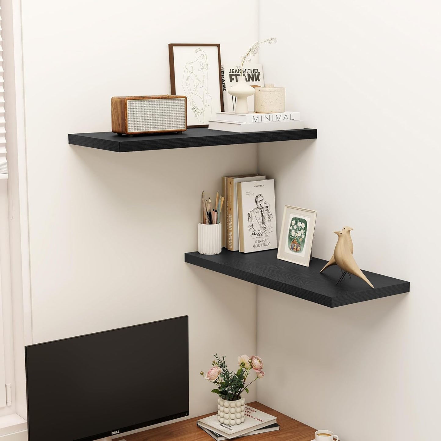 32" Floating Shelves for Wall, 12" Deep Slim Black Floating Shelves, Wall-Mounted Shelves for Bedroom, Living Room, Kitchen, Bathroom - Set of 2