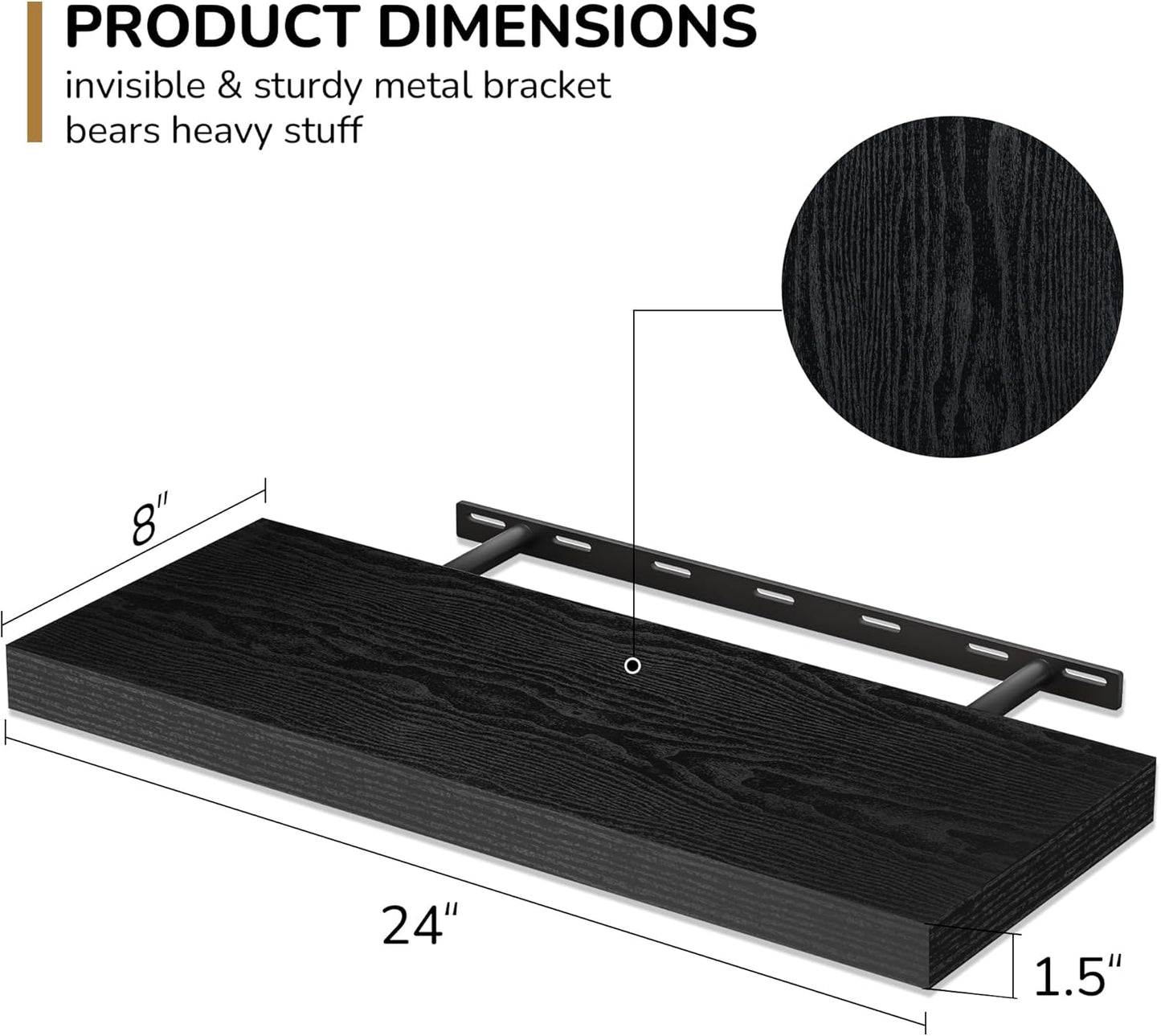 Fun Memories 24 Inch Floating Shelves - Deep Rustic Black Wooden Wall Shelves - Extra Deeper & Thicker Wall Mounted Storage Shelf for Bedroom, Kitchen, Farmhouse - 2 Pack, Rustic Black