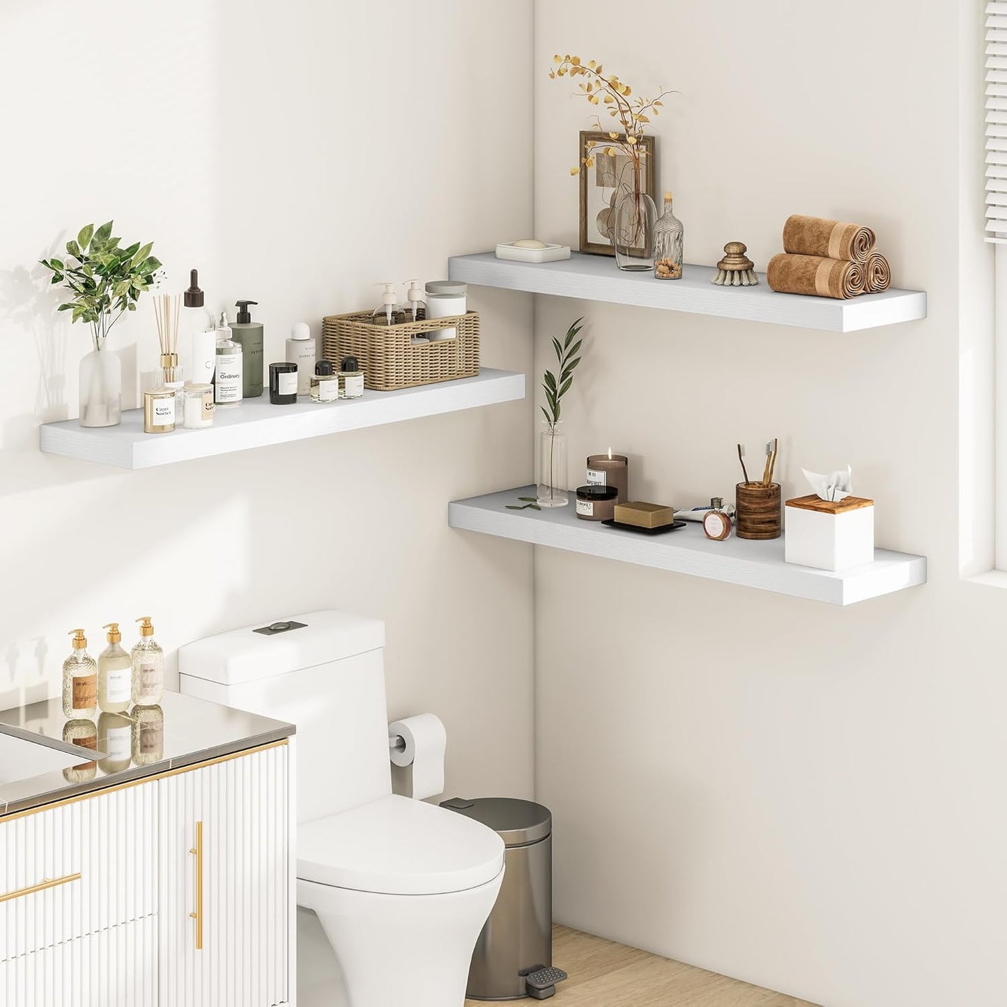 White Floating Shelves for Wall, 36 Inch X 12 Deep Shelves for Room Wall Mounted，2" Thick Heavy Duty Holds 65lbs Floating Shelf for Bedroom Bathroom Kitchen Laundry Room, Set of 2