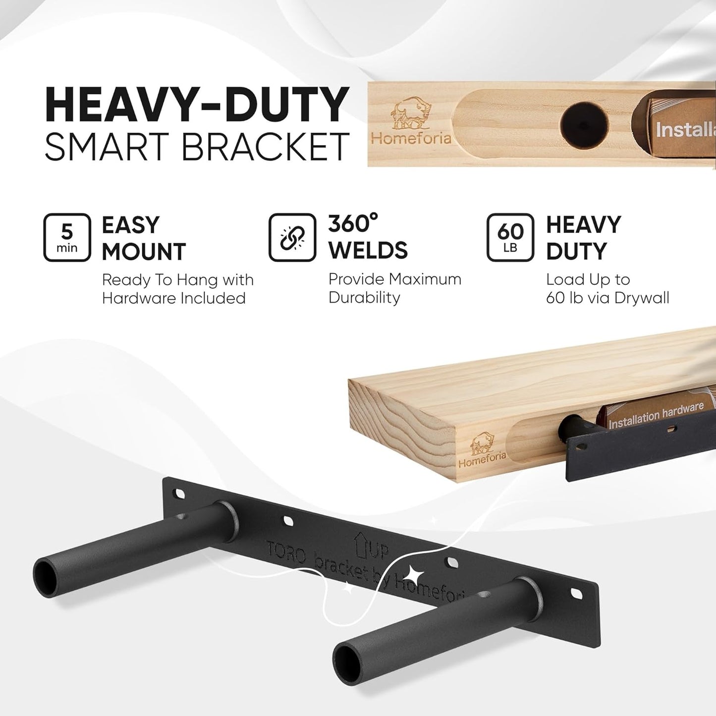 Homeforia Floating Shelf Black 12 inch, High End Solid Real Wood Small 12inch Floating Shelves for Wall Mounted, Black Wooden 12 in Floating Shelves, Heavy Duty Bracket, 12 X 6.5 X 1.75 inch, Set of 4