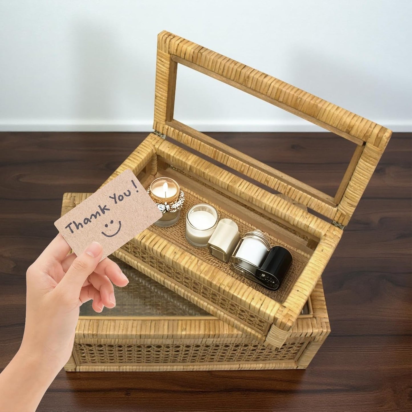 Rattan Box for Home Decor with Lid - Rectangular Coastal Bohemian Style Stackable Decorative Storage Box Set - Handmade from Natural Rattan, Cedar & Real Glass