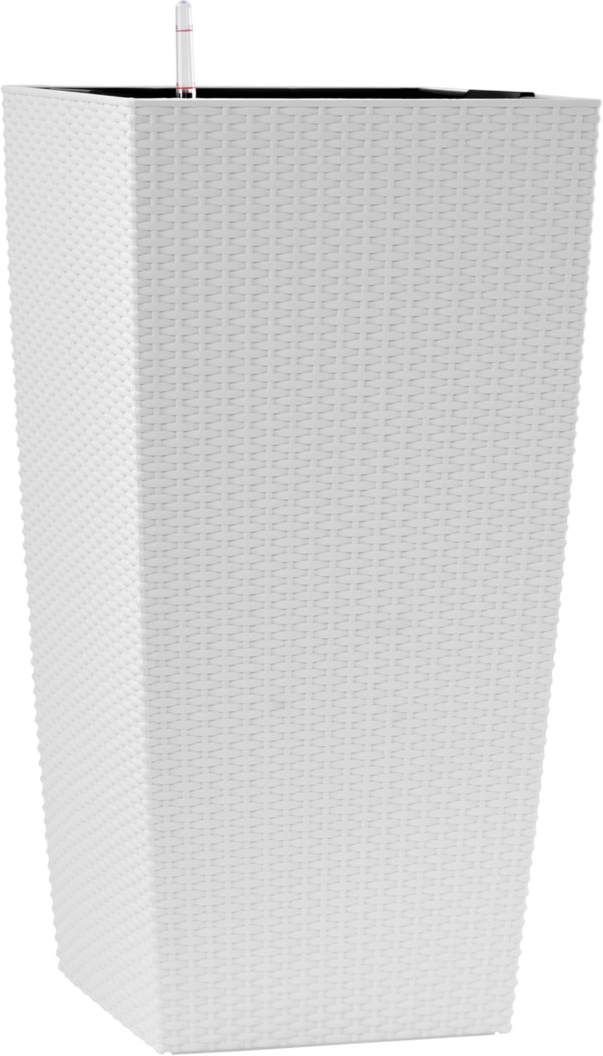 30in Tall Large Plant Pots Planter-Self-Watering Indoor/Outdoor Planting with Drain Holes, Water Level Monitor, Inner Bucket for Front Porch Patio, White Large