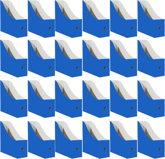 24 Pack Cardboard Magazine File Holder for Desktop ，Blue Book Bins for Classroom Library, Office or Home, Vertical Paper Boxes for Storage with Label(10.6" H x 10.2" L x 3.5" W in)