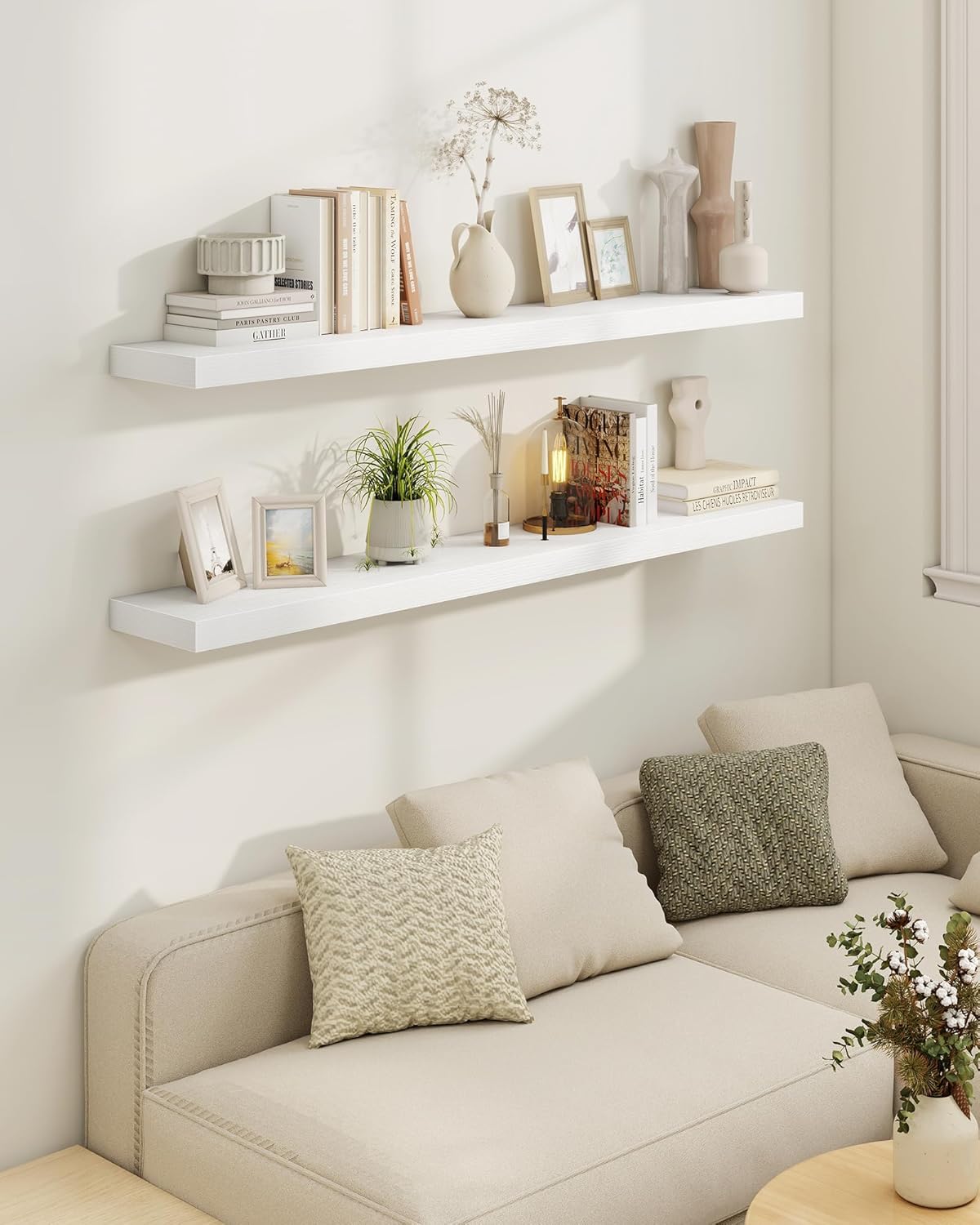 Marsmiles 48" Floating Shelves for Wall, Wooden Shelves with Invisible Brackets Set of 2, Rustic Farmhouse Wall Mounted Shelf for Kitchen Bathroom Living Room Study, White