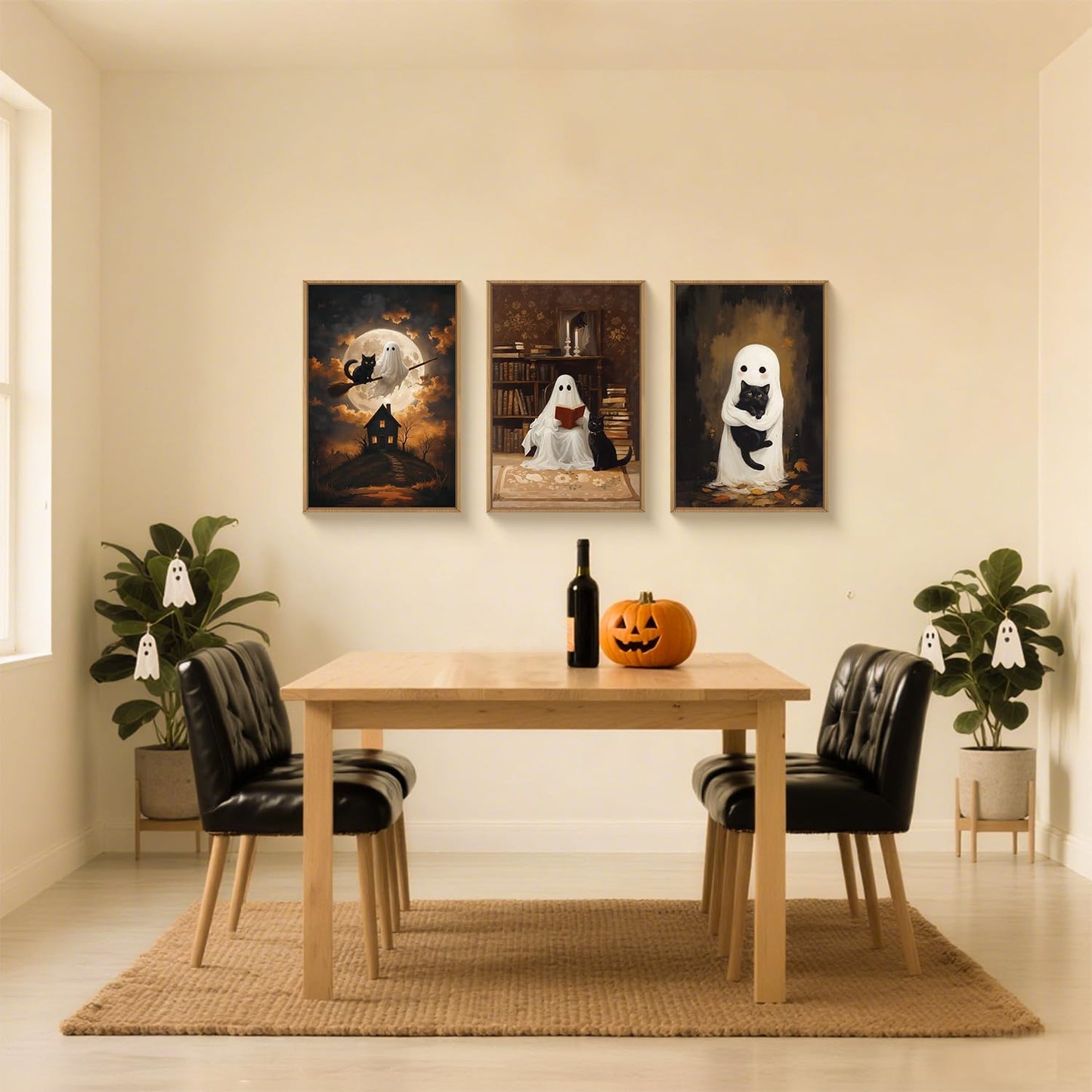 HPNIUB Halloween Ghost Framed Canvas Wall Art Set, Funny Black Cat Poster Artwork, Vintage Spooky Wall Decor, Dark Academia Moon Pictures for Bedroom Living Room Bathroom-16 x24 x3