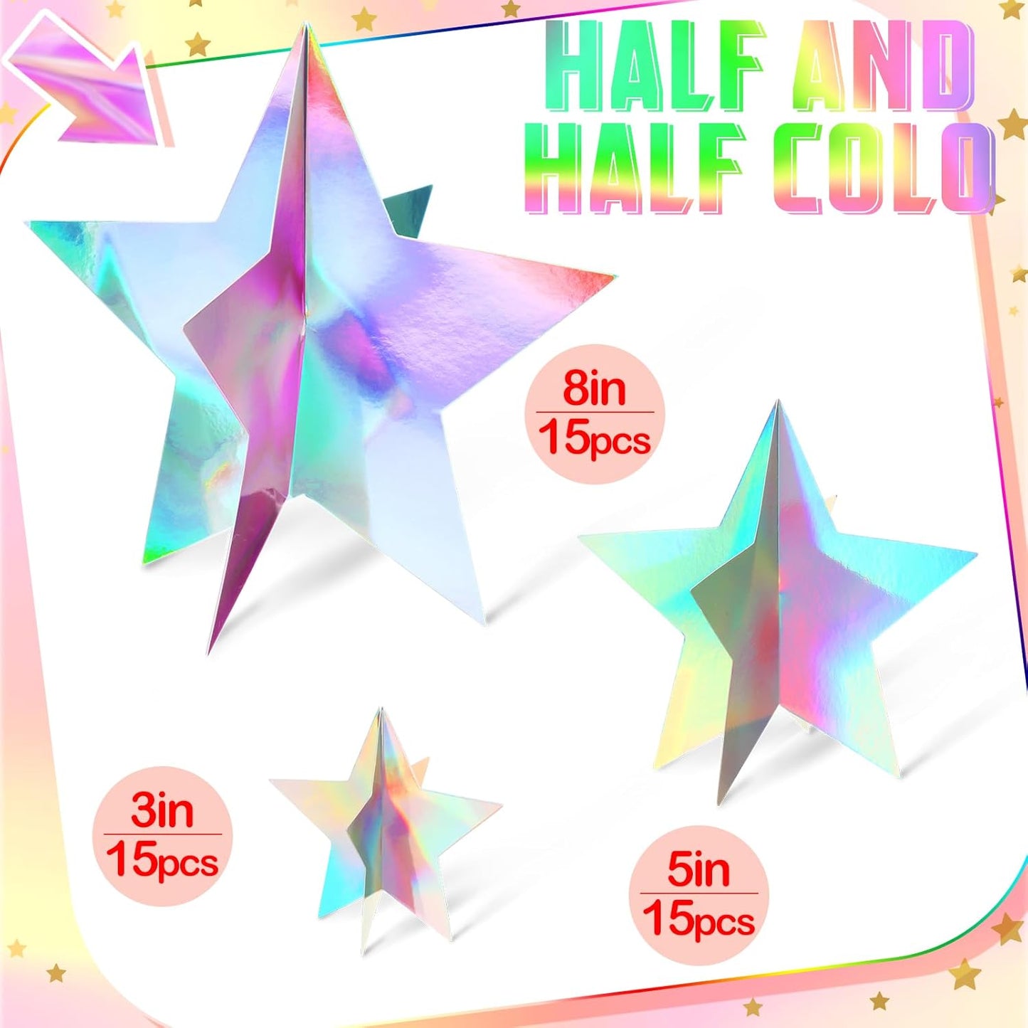 45 Pcs 3D Star Centerpieces Movie Night Decorations for Table in 3 Size Hanging Supplies for Red Carpet Film Show Theme Birthday New Year Party First Day of School Table Decor (Iridescent)