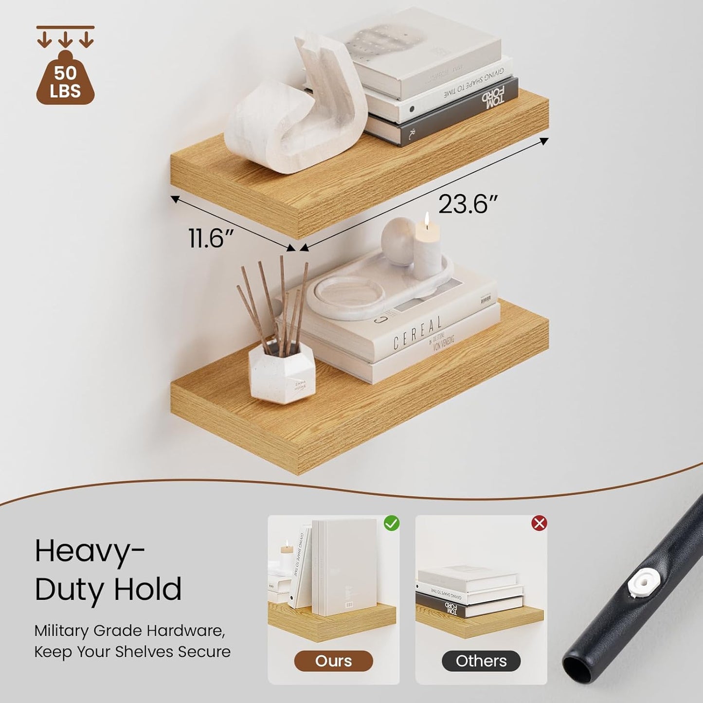 Heimlove 12" Deep Floating Shelves for Wall, 24 Inch Wall Shelf Bathroom Shelves Set of 2, Wall Mounted Shelves for Books Living Room Laundry Room Bedroom Kitchen Home Office, Oak