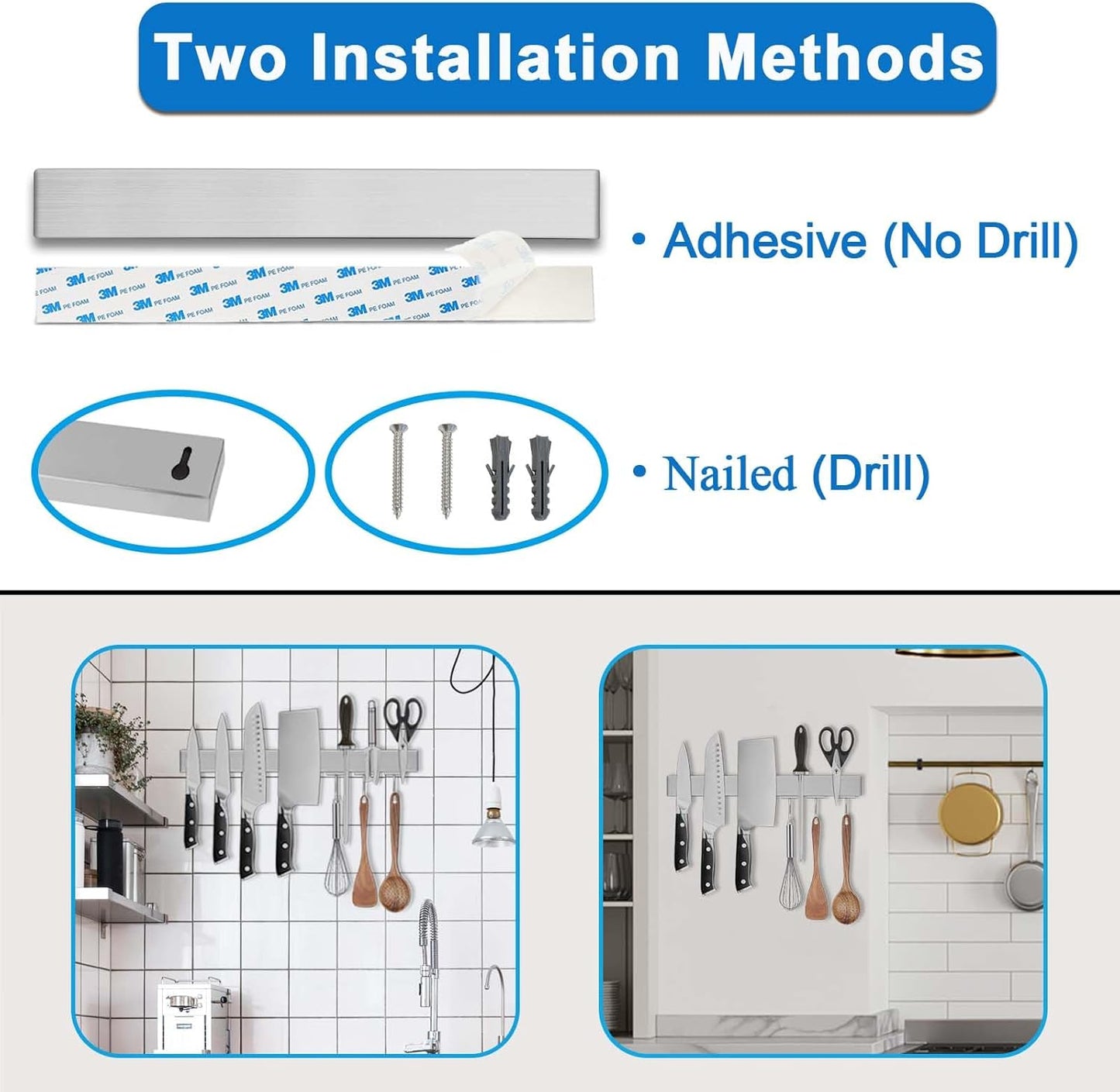 17.5" Magnetic Knife Holder for Wall with Hooks - No Drill Adhesive Mount - 304 Stainless Steel Knife Magnetic Strip