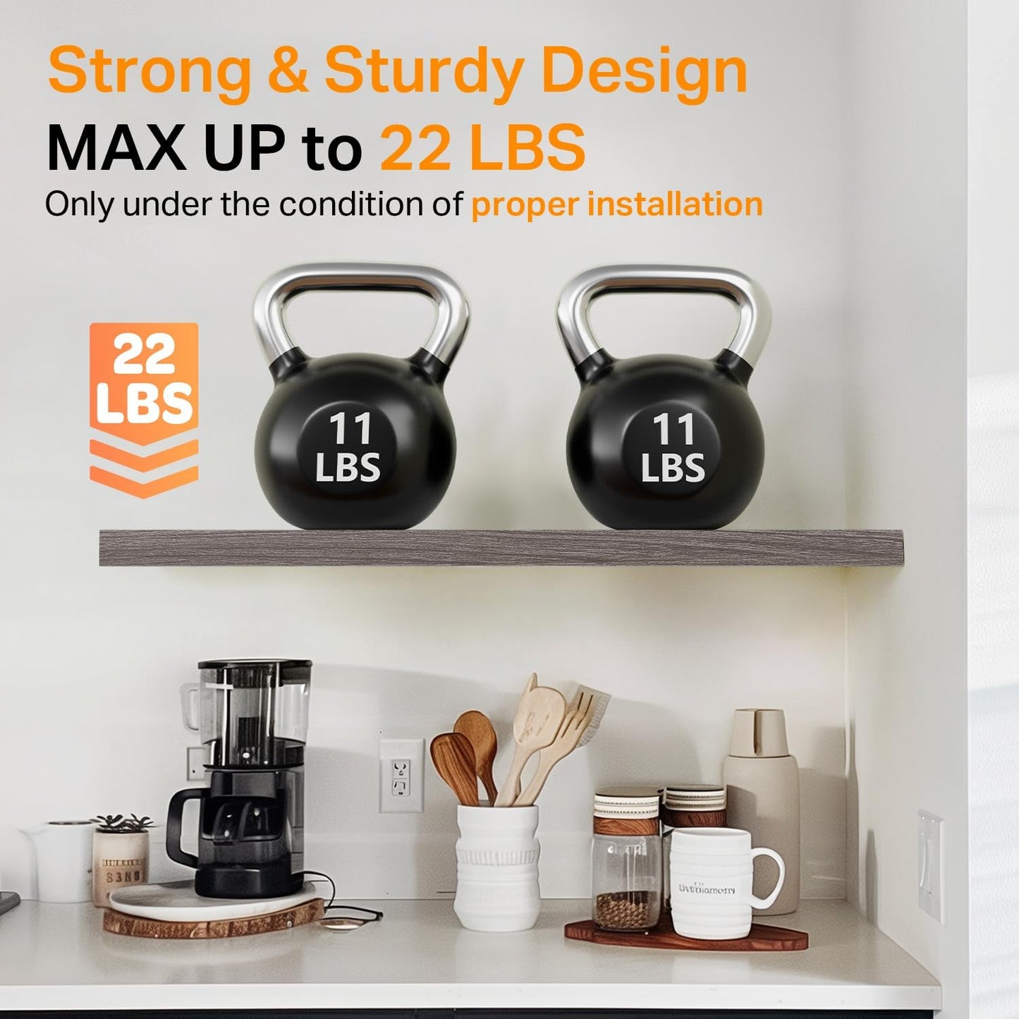 BAYKA Floating Shelves, 22.5" Wall Mounted Wood Shelves for Bathroom, Bedroom, Living Room, Kitchen, Hanging Shelf for Books/Storage/Decor (Grey,Set of 2)