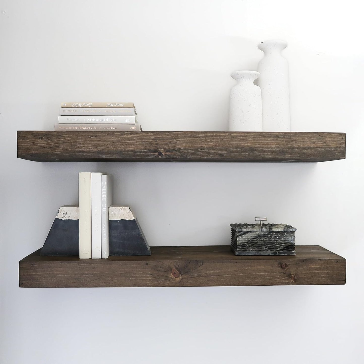 Modern Floating Shelves 3 Inches Thick for Wall, Wide Shelves for Kitchen, Living Room, Bedroom, and Bathroom, Natural Pine Wood, Rustic Wooden Shelf, (Set of 2) (Jacobean, 60Lx3Hx6D)
