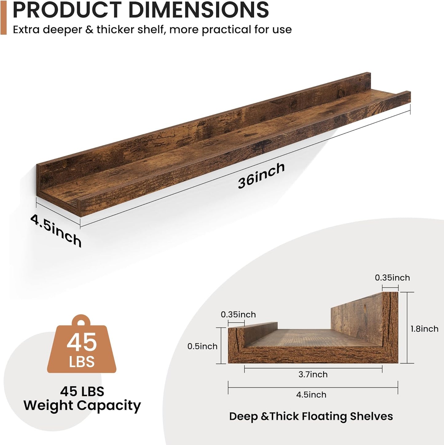 Fun Memories Picture Ledge Shelves Set of 2, 36 Inch Rustic Wall Mounted Floating Shelves with Lip for Home Storage and Décor in Bathroom, Kitchen, Nursery, Bedroom, Living Room, Brown