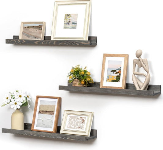 Picture Ledge Wall Shelves - 24 Inch Width Set of 3, Solid Pine Wood Rustic Floating Ledge Shelves for Kids' Room, Bedroom, Kitchen, Bathroom, Living Room, Nursery Display Wall Decor, Grey