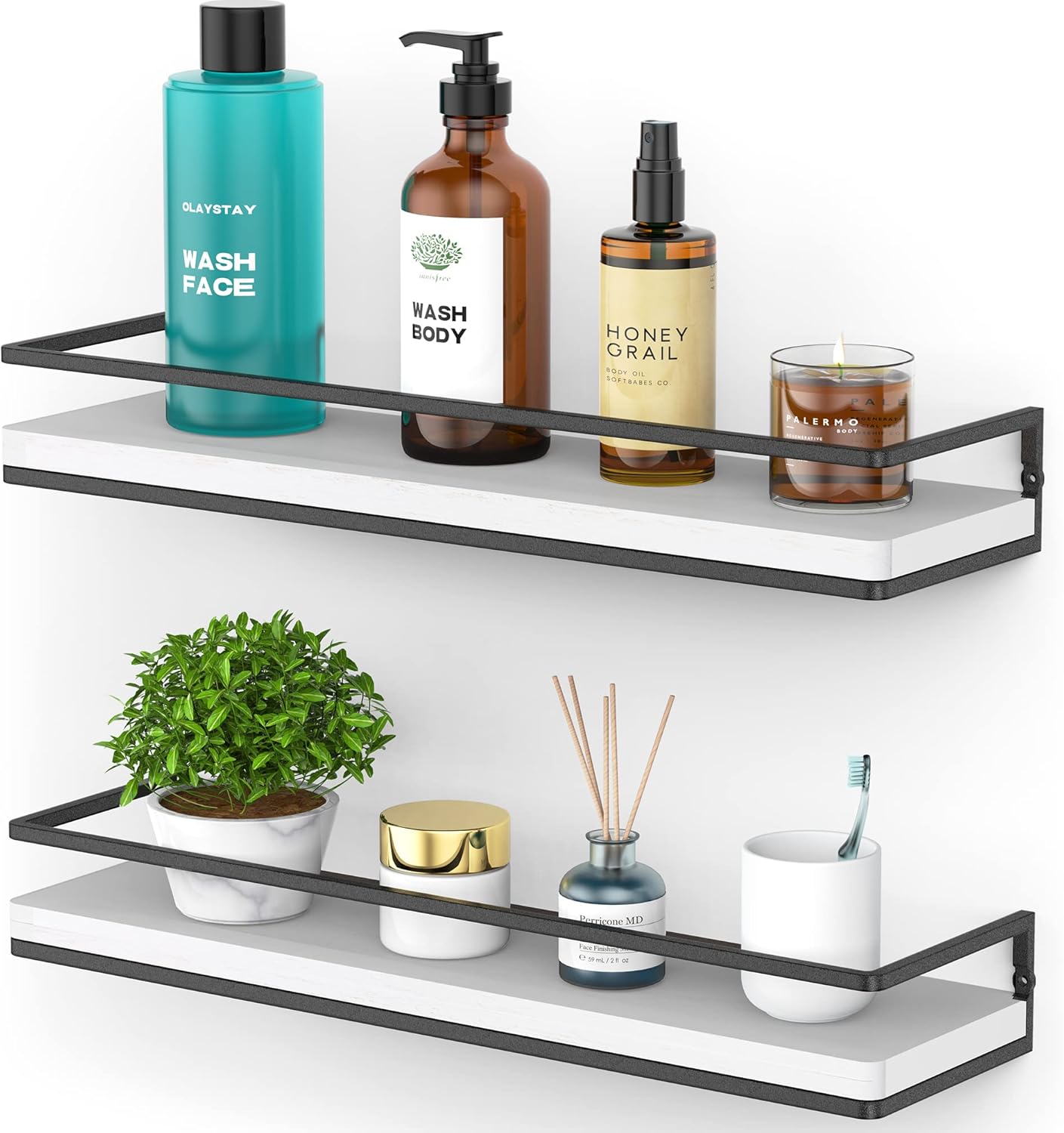 Meangood Floating Shelves Wall Mounted Set of 2, Rustic Wood Wall Storage Shelves for Bedroom,Living Room,Bathroom, Kitchen (White)