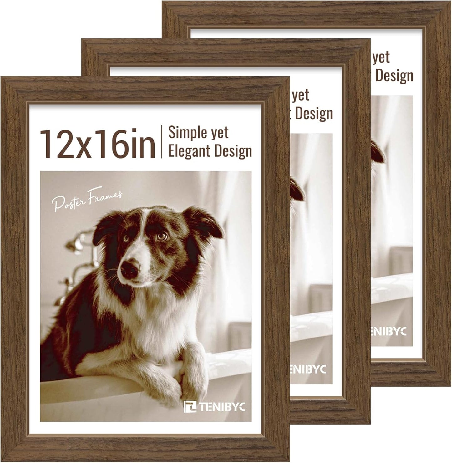 12x16 Picture Frame 3 pk, Brown Woodgrain, HD Tempered Glass, Wall Gallery Frame