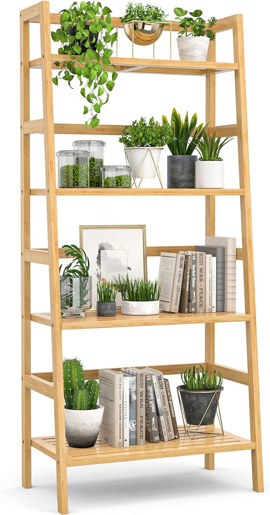 Homykic Bamboo Bookshelf 4-Tier Ladder Shelf, 49.2” Freestanding Open Bookcase Book Shelf Bathroom Storage Shelf Unit Plant Stand for Small Space, Bedroom, Living Room, Home Office, Natural
