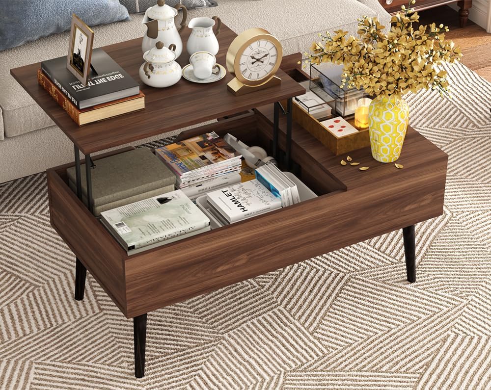 HAIOOU Lift Top Coffee Table with Storage, Mid Century Modern Coffee Tables with Drawer for Living Room,Walnut Rectangular Center Table with Pine Leg Anti-Scratching, Home, Office