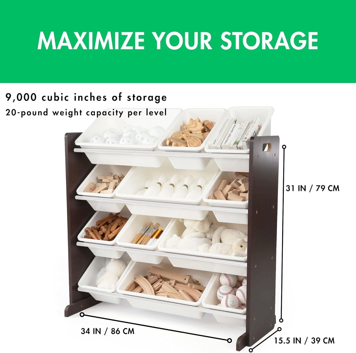 Humble Crew Kids Toy Storage Organizer with 12 Plastic Bins, Espresso/White – Removable Bins for Playroom, Bedroom, Toddler Furniture for Boys and Girls Ages