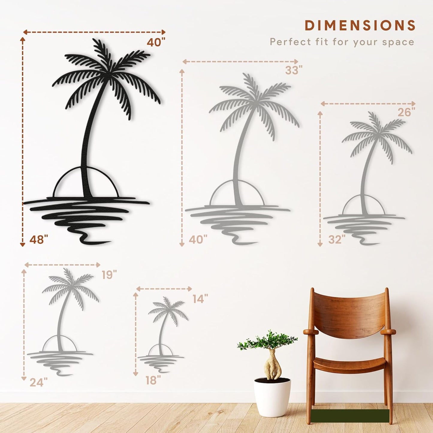 Metal Palm Tree with Sunset Wall Art, Large Outdoor Wall Decor, Tropical Beach Coastal Decor for Living Room, Bedroom, Garden Home Wall Sign, Perfect Metal Wall Art for Beach House, Coastal Theme, and Home Decoration (White, 48 x 40 inches)