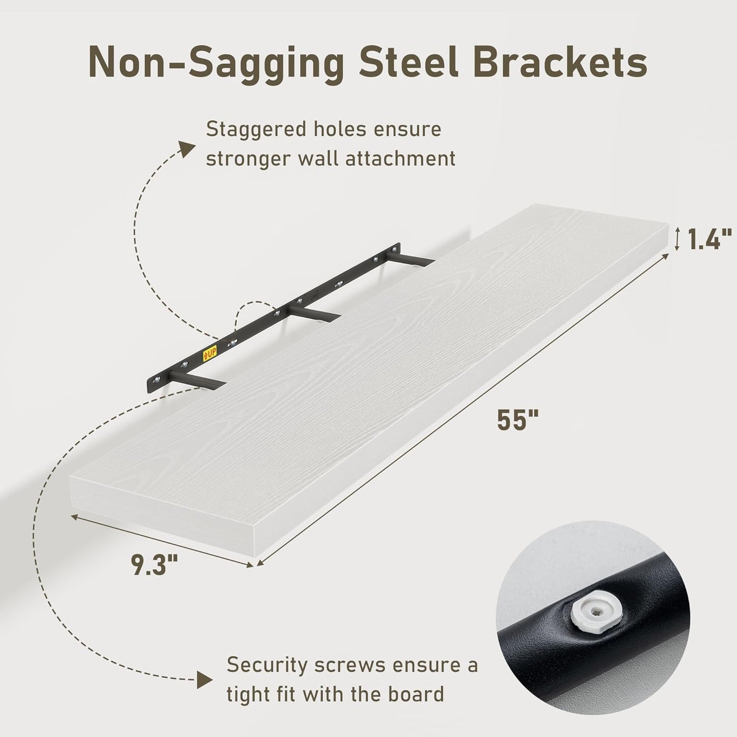 Fun Memories 55 Inch Floating Shelves for Wall 2 Pack Shelves for Bedroom|Kitchen|Bathroom 55 x 9.3 Inch Wood Floating Shelf with Invisible Brackets for Books|Storage|Decor, White