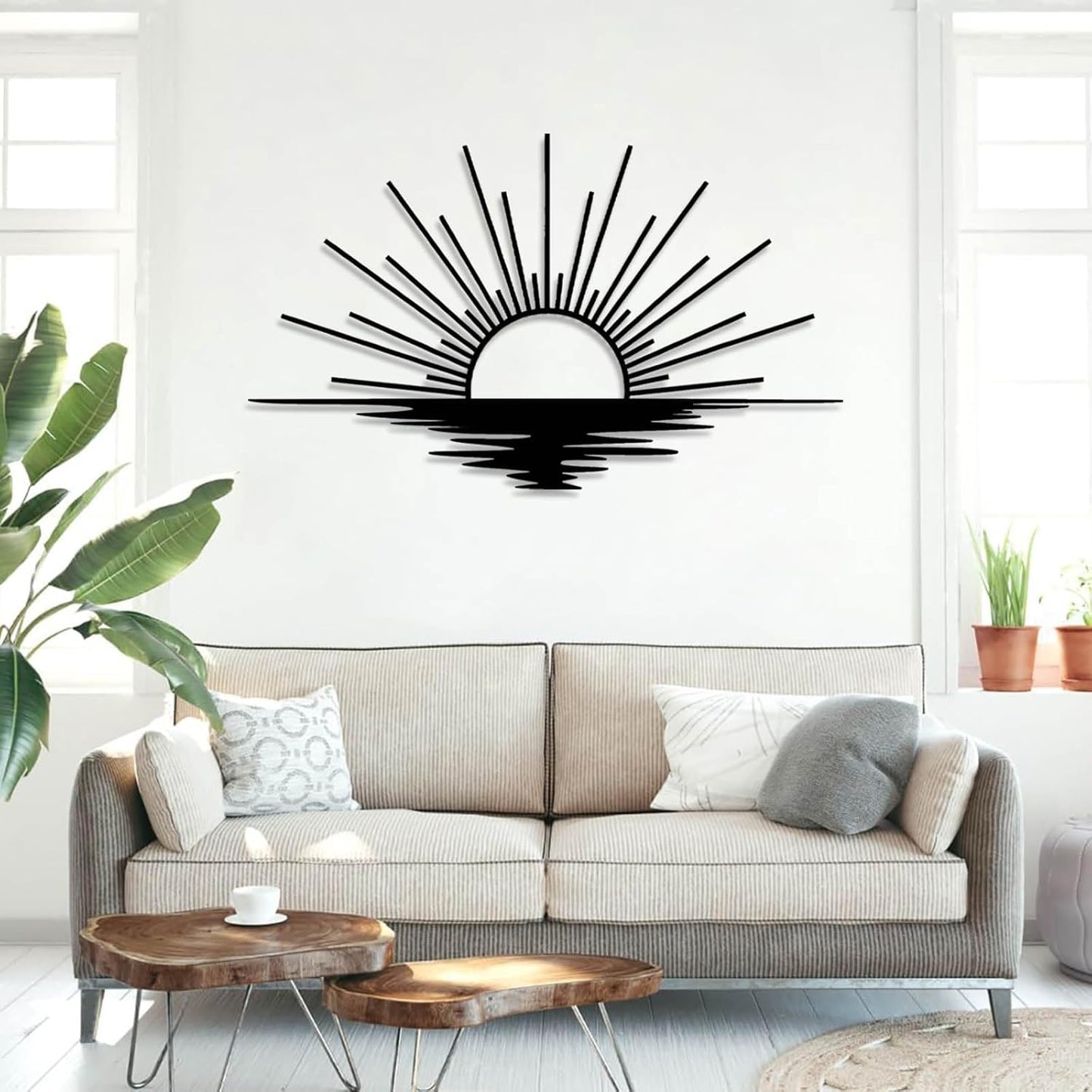 Sunrise Metal Wall Art, Metal Sun Wall Decor, Sun Outdoor Wall Art, Abstract Sunrise Wall Decor, Boho Home Hanging, Living Room Wall Hanging (Gold, 24"x14"/60x36cm)