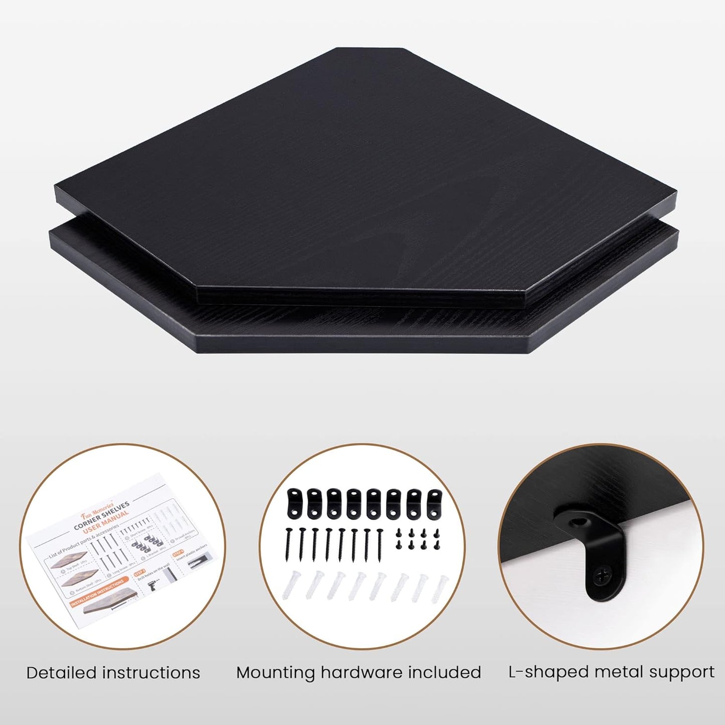 Corner Shelf Wall Mount, Floating Corner Shelves, Set of 2 Corner Wall Shelf Organizer, Rustic Wood Wall Storage Display Shelves for Living Room Bedroom Bathroom Kitchen, Classic Black